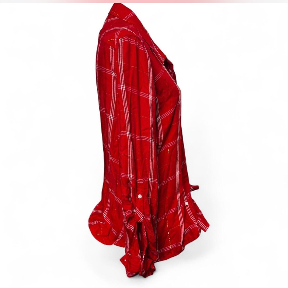 Tommy Hilfiger XL Red Plaid Metallic Roll-Tab Button-Down Shirt Preppy Festive - Picture 5 of 13